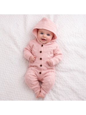 Babysena Kapüşonlu Örgü Kız Bebek Tulum
