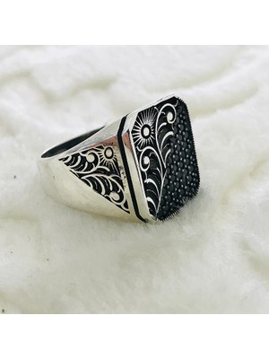 Canka Siyah Zirkon Taşlı 925 Ayar Gümüş Erkek Yüzük