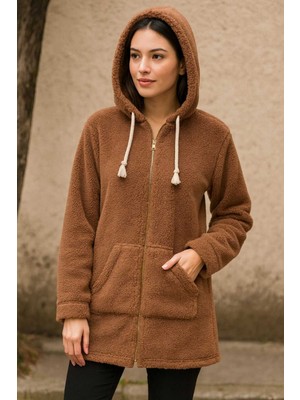 Tenra Kadın Peluş Mont Kapüşonlu Geniş Kalıp Kahverengi
