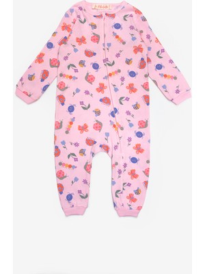 Pembe  Çiçek Desenli Fermuarlı Kız Bebek Tulum - Clara