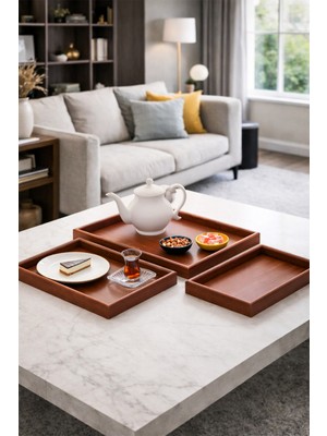 Porsima 130105045 Ahşap Tepsi 3lü Set Çay Kahve Bambu Sunumu Tepsi Seti