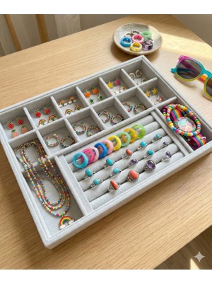 Özer Kutu Organizatör Gri Süet Tabla Kolye & Yüzük Düzenleyici ve Gözlük(10+2 Bölmeli)(Rulo)