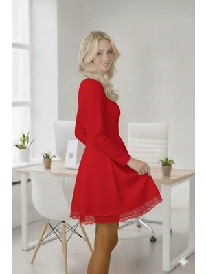 Nake Butik Kadın Beyaz Uzun Kollu Dantel Detaylı Kloş Elbise