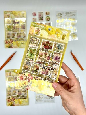 Kağıt Gemi Vintage Botanik Çiçek ve Altın Yaldızlı Mühür Temalı 4yaprak 60 Adet Pul Sticker Set/etiket/çıkartma