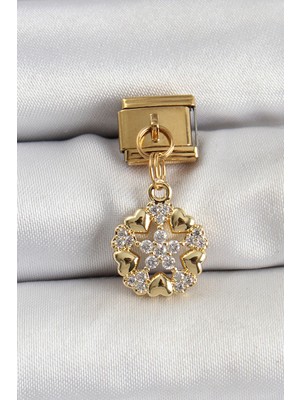 Shopwave 316L Çelik Sallantılı Zirkon Taşlı Kalp Detaylı Yıldz Model Gold Renk Nomination Charm