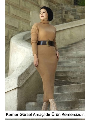 Velmora Fashion Kadın Boğazlı Uzun Fitilli Triko Dokuma Elbise - Kahverengi