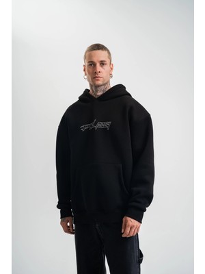 Velmora Fashion Velmora    Üç Iplik Kapşonlu Nakışlı Sweatshirt - Siyah -