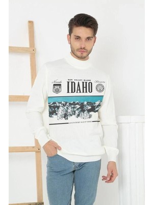 Velmora Fashion Baskılı Yarım Boğazlı Uzun Kol Dokuma Triko - Beyaz