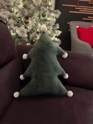 Türkühome Yılbaşı Temalı Çam Ağacı Formunda Kar Tanesi Ponpon Detaylı Dekoratif Kırlent