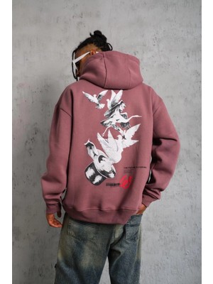 Velmora Fashion Erkek Şapkalı Güvercin Baskılı Kapşonlu Sweat - Gül Kurusu