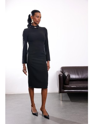 5in1Canpolat Siyah Gömlek Yaka Midi Boy Elbise 12407