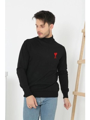 Velmora Fashion Unisex Yarım Boğazlı Baskılı Dokuma Triko - Siyah
