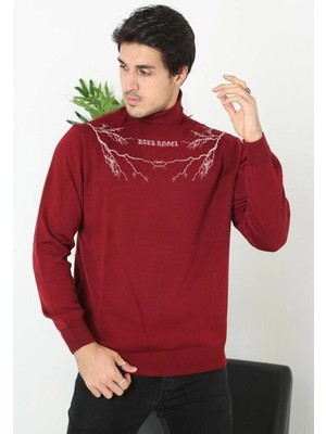 Velmora Fashion Baskılı Tam Boğazlı Uzun Kol Dokuma Triko - Bordo