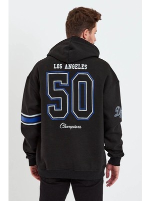 Velmora Fashion Erkek Baskılı Kapşonlu Üç Iplik Oversize Sweatshirt - Siyah