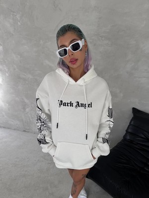 Velmora Fashion Üç Iplik Uzun Kol Kapüşonlu Baskılı Sweatshirt - Beyaz