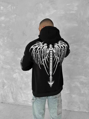 Velmora Fashion Üç Iplik Uzun Kol Kapüşonlu Baskılı Sweatshirt - Siyah