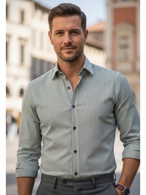 Yusgos Erkek Uzun Kollu %100 Pamuk Çizgili Regular Fit Gömlek