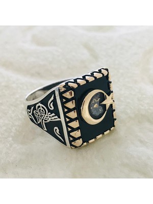 Canka Ay Yıldız Türk Bayraklı  925 Ayar Gümüş Erkek Yüzük