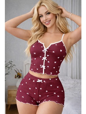 Süsen Lingerie Beyaz Kalp Desenli Bordo Kadın Gecelik Takımı, Kaliteli Uyku Için Kadın Gecelik Takımı Aaa