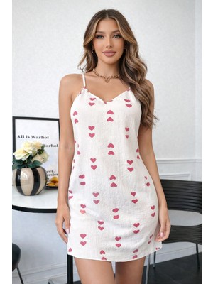 Süsen Lingerie Pembe Kalp Desenli Yüzde Yüz Pamuk Kadın Gecelik, Kadın Penye Rahat Gecelik Bbb