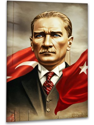 Myphotostation Atatürk ve Bayrak Çizimi Dekoratif Temperli Cam Tablo, Modern Uv Baskılı Duvar Tablosu, Salon ve Ofis Için Şık Duvar Dekoru