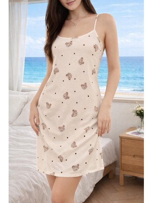 Süsen Lingerie Bej Rengi Desenli Yüzde Yüz Pamuklu Kadın Gecelik, Kadın Ev Giyim Bbb