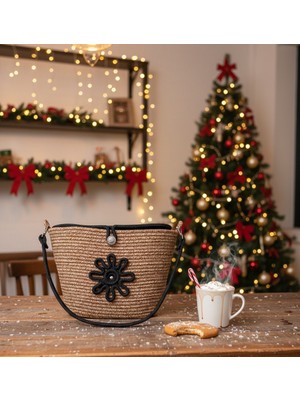 Mtg Jüt Tasarım Çiçek Modelli Kapaklı Jüt Omuz Çantası - Şık Günlük Kullanım