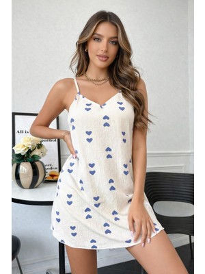 Süsen Lingerie Mavi Kalp Desenli Yüzde Yüz Pamuk Kadın Gecelik, Kadın Penye Rahat Gecelik Bbb