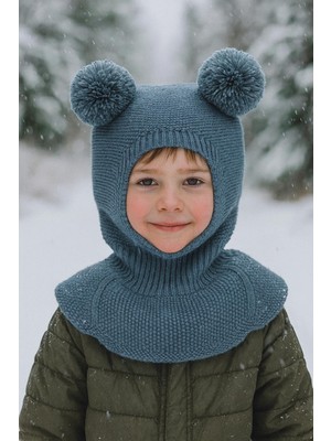 Meriç Bebe Kız-Erkek Çocuk Ponponlu Dikişsiz Lüx Triko Balaklava Bere Kar Maskesi