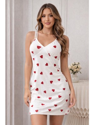 Süsen Lingerie Kırmızı Kalp Desenli Kadın Rahat Gecelik, Askılı Kadın Kaliteli Gecelik Bbb