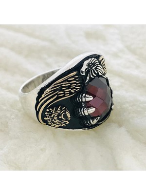 Canka Kırmızı Zirkon Taşlı Kartal Pençeli 925 Ayar Gümüş Erkek Yüzük