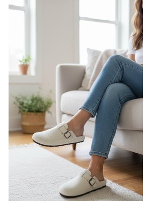 Twigy Tam Ortopedik Keçe Kadın Rahat ve Hafif Şık Krem Ev Terliği