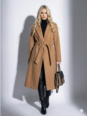 Ribana Classic Kadın Sakallı Dokulu Kruvaze Yaka Astarlı Cep Detaylı Kuşaklı  Düğmeli Tam Kalıp Fox Kaban