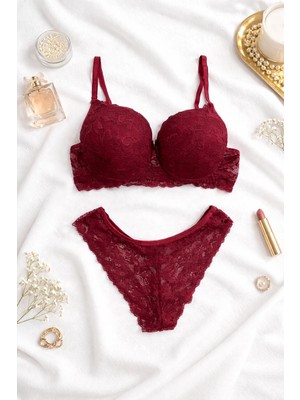 Bordo Dantel Detaylı Push Up Sütyen Takımı