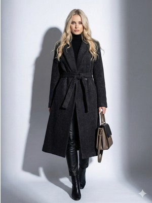 Ribana Classic Kadın Sakallı Dokulu Kruvaze Yaka Astarlı Cep Detaylı Kuşaklı  Düğmeli Tam Kalıp Fox Kaban