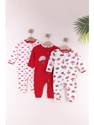 Kidello Kırmızı Erkek Bebek %100 Pamuklu Fermuarlı 3'lü Mantar Kirpi Desenli Manşetli Tulum SETI(9AY 12AY 18AY)