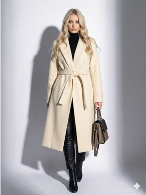 Ribana Classic Kadın Sakallı Dokulu Kruvaze Yaka Astarlı Cep Detaylı Kuşaklı  Düğmeli Tam Kalıp Fox Kaban