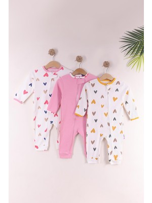 Kidello Pembe Kız Bebek %100 Pamuklu Fermuarlı 3'lü Kalpli Desenli Manşetli Tulum Seti (9Ay 12Ay 18Ay)