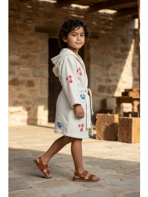 Varol %100 Organik, El Işçiliği Taş Baskı Çocuk Bornozu - Pati