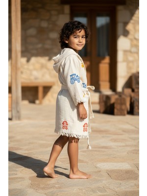 Varol %100 Organik, El Işçiliği Taş Baskı Çocuk Bornozu - Trafik