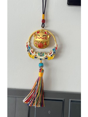 Miamantra Feng Shui Bereket ve Şans Kedisi Asılabilir Dekor /maneki Neko Kırmızı Detaylı Gold Araba Aynası Süsü