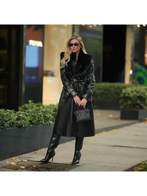 Siyah Kroko Kürklü Uzun Derikaban