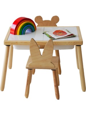 Wood & Joy Doğal Ahşap Duyusal Çocuk Aktivite Masası Oyun Masası ve Çocuk Çalışma Masası 2 Sandalye Seti