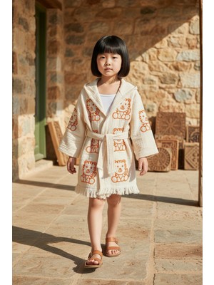 Varol %100 Organik, El Işçiliği Taş Baskı Çocuk Bornozu - Kaplan