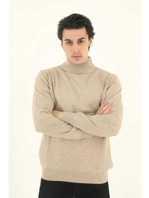 Velmora Fashion Erkek Yarım Balıkçı Yaka Triko Kazak - Bej