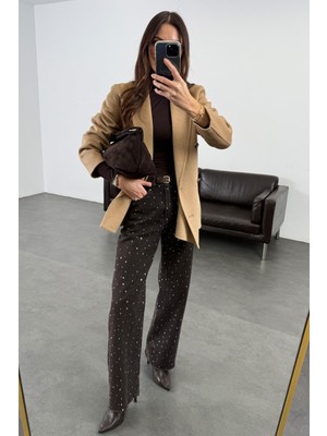 5in1Canpolat Kahverengi Taş Detaylı Düz Kesim Jean