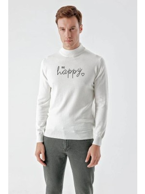 Velmora Fashion Baskılı Uzun Kol Yarım Boğazlı Dokuma Triko - Beyaz