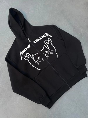 Velmora Fashion Kışlık Baskılı Fermuarlı Kapüşonlu Hırka - Siyah