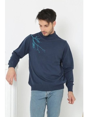 Velmora Fashion Unisex Yarım Boğazlı Baskılı Dokuma Triko - Indigo