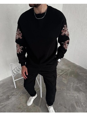 Velmora Fashion Kışlık Bisiklet Yaka Baskılı Sweatshirt - Siyah